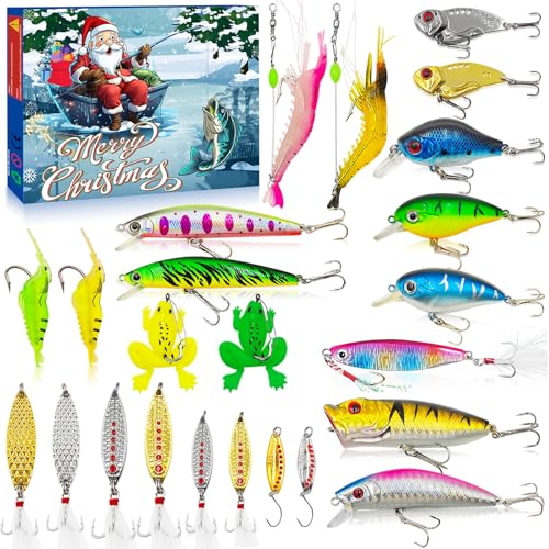 Angel Adventskalender 2024 Männer,Weihnachten 24 Tage Angelkalender Angeln Köder für Erwachsene Teenager Jungen Kinder,Weihnachtskalender Fishermans Angelköder Angler Geschenk Fishing Set