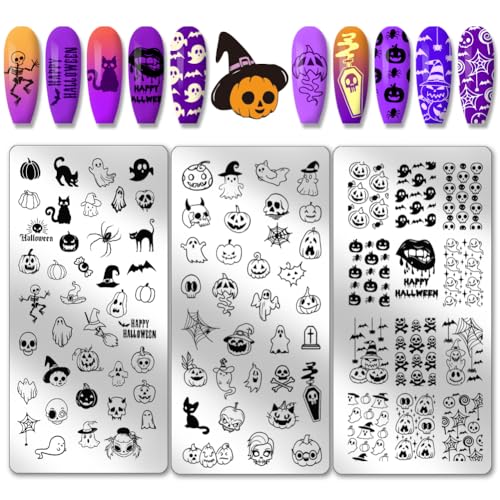 PH PandaHall Halloween Thema Nail Art Platten 3pcs Nail Stamping Platte Schädel Geist Hexe Kürbis Bild Platte Nail Art Design Stempel Kit Wiederverwendbare Nail Art Tools Vorlage Design Tool für Nägel