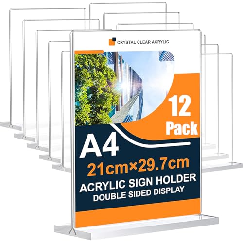 Wonninek Aufsteller DIN A4 T-Ständer Acryl Transparent Tischaufsteller Fotoaufsteller Werbeaufsteller Display Flyerständer für Restaurants Büro Werbung 12 Stück