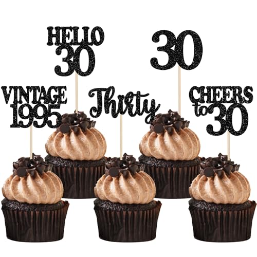 30 Stück 30th Geburtstag Cupcake Toppers Vintage 1995 Kuchen Deko Cheers to 30 Tortendeko für Prost auf 30 Jahre Geburtstag Hochzeit Jahrestag Party Kuchen Dekoration Schwarz