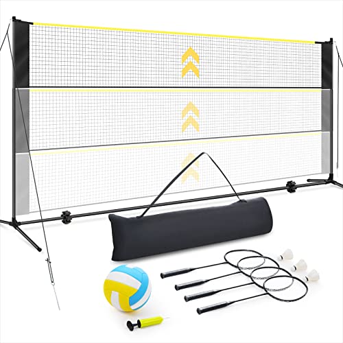 Patiassy Professionelles Volleyballnetz mit Badminton-Netz, kombiniertes Tennisnetz-Set mit Stangen, Volleyball, Gänsefederbälle für Badminton, höhenverstellbar, einfache Installation