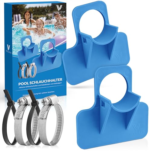 Villkin Pool Schlauchhalter (2 Stück) - 26-38mm - inkl Schlauchschellen mit Knickschutz für Pools (Blau)