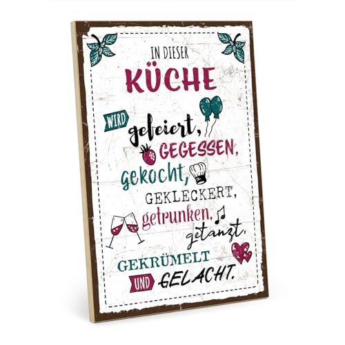 TypeStoff Holzschild mit Spruch – Küche – im Vintage-Look mit Zitat als Geschenk und Dekoration zum Thema Familie, Freunde und Freude - HS-00932