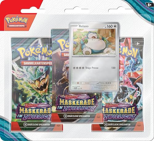 Pokémon Sammelkartenspiel: 3er-Pack-Blister Karmesin & Purpur - Maskerade im Zwielicht: Relaxo (3 Boosterpacks & 1 holografische Promokarte)