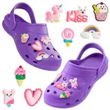 CityComfort Clogs Kinder, Gartenschuhe Badeschuhe Jungen mit abnehmbaren Anhängern (Violett, 34/35 EU)