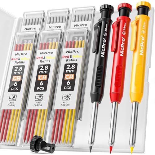 Nicpro Tieflochmarker Bleistift Set, 3 Solide Zimmermannsbleistifte mit 39 Minen, Bohrlochmarker Druckbleistift, Tischler Bleistift mit Eingebauter Spitzer für Holzbearbeitung, Baustelle mit Etui