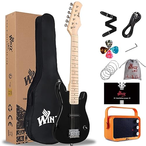 Winzz 30 Zoll Mini E-Gitarre Kinder Ahorn Griffbrett Elektrische Gitarre Anfänger Set für Kinder mit Verstärker (Schwarz)