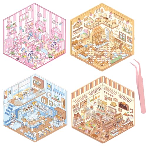 4 Sets 3D Sticker Scene Maker DIY Set, Fun Cozy Little Home House Sticker Buch Mit Pinzette