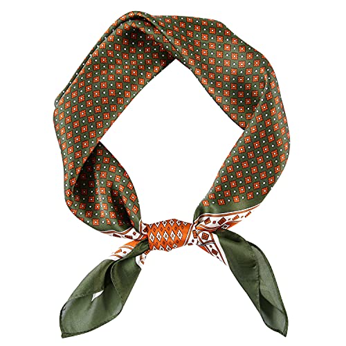 DAMILY Vintage Seidig anfühlendes Quadratisches Herren-Tuch, Satin Bandana mit Winzigem Medaillon-Print Geometrischem Halstuch und Kopftuch (Armeegrün)