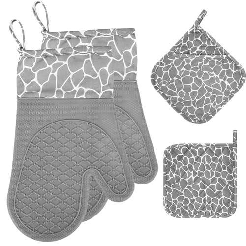 Ofenhandschuhe Topflappen Set, Hitzebeständig bis 300°C,4er Set Ofenhandschuhe,Zwei Handschuhe und Zwei Topflappen,Ofenhandschuhe Hitzebestaendig,Backhandschuhe zum Kochen, Backen und Grillen(Grau)