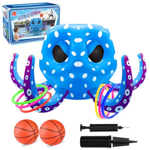 Aonerex Pool Basketball Game Set, Ringwurfspiel Wasserspiel Floating Hoops Aufblasbares Wasserballspiel Octopus Basketballkorb Party Werfen Spiele für Erwachsene Kinder, 6 Ringe & 2 Ball & 2 Ballpumpe