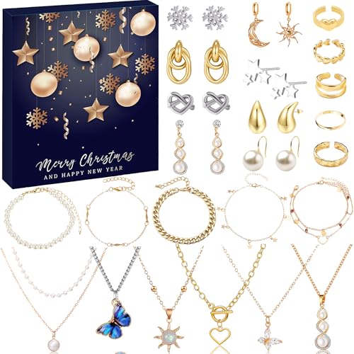 Chennyfun Schmuck Adventskalender 2024, Weihnachtskalender Schmuck Teenager Damen Mädchen, Weihnachtsgeschenke Adventskalender Füllung 24 Überraschungen Mode mit Halskette Armbänder Ringe Ohrringe