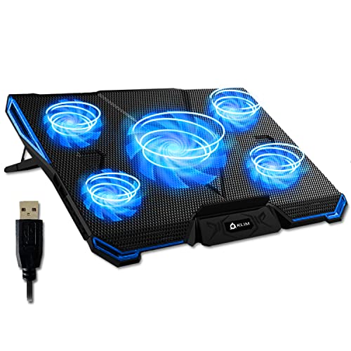 KLIM Cyclone - Laptop Kühler - NEU 2024 - Ständer - Maximale Kühlung - Verhindere Ãœberhitzung - Schütze Dein Laptop - 5 Lüfter 2200 & 1200 RPM - Cooling Pad für Computer PS5 PS4 Xbox One - Blau