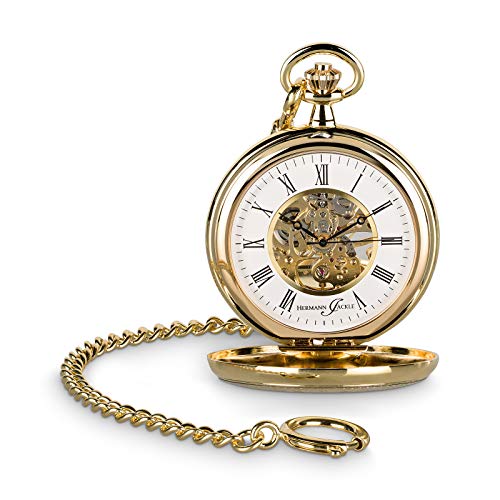 Hermann Jäckle Stilvolle Taschenuhr Bayreuth vergoldet mit Handaufzug Skelettwerk | Mineralglas | Qualitätshandwerk inkl. Kette und Reiseetui