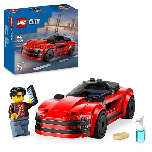 LEGO City Roter Sportwagen - Rennwagen Spielzeug für Jungen und Mädchen ab 5 Jahren - Geschenk zum Geburtstag oder für die Feiertage - Fahrer Minifigur mit Handy und Putzzeug 60448