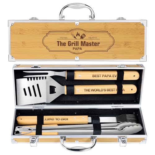 Grillbesteck Grillzubehör, 4 Stücke BBQ Grillbesteck-Set mit Aluminiumkoffer – Vatertags- und Geburtstagsgeschenk für PAPA, Edelstahl- und Bambusgriff zum Grillen im Freien