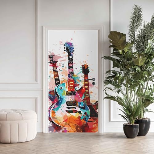 Türtapete Selbstklebend Gitarre, Türaufkleber Musikinstrumente Aquarell Bunt, Selbstklebend TürPoster, für Tür Schlafzimmer Wohnzimmer Deko 86x200cm