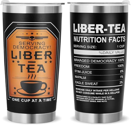 Helldivers 2 Merch - 600ml Thermosbecher mit LIBERTEA und Zutatenliste - 20oz Edelstahl Tumbler Kaffeebecher to Go, Geschenk für Gamer Zocker Freunde Männer