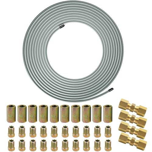 10 m Bremsleitung Ø 4,75mm (3/16") Set mit 4 Stk 4,75mm Bremsleitungsverbinder, 20Pcs M10 Verschraubungen & 10Pcs M10 Verbinder für Bremsleitung Bördel DIN/SAE Kupfer Verkupfertes Stahl Sortiment