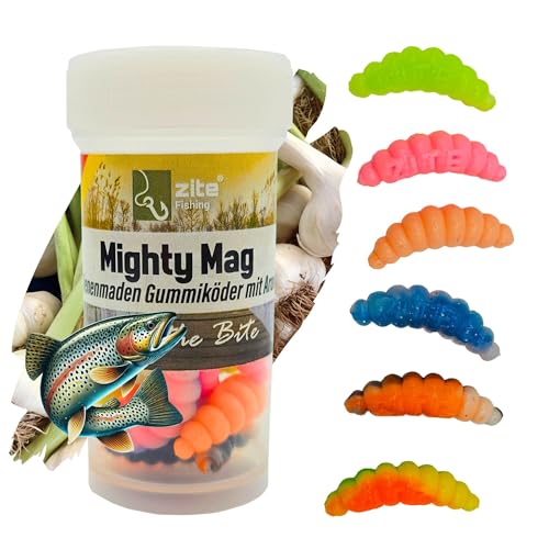 Zite Fishing Mighty Mag Neon Mix 12 STK - Schockfarben Forellen-Köder 2,8cm - Bienenmaden-Imitat – Gummiköder UV-Aktiv & Phthalatfrei – Neon Knoblauch