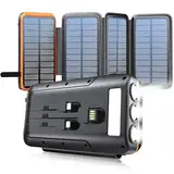 Power Bank 27000mAh:Solar Solar Powerbank mit 4 Solarpanel PD 35W USB-C Schnellladung Externer Handyakkus mit integriertem Kabel und Taschenlampen