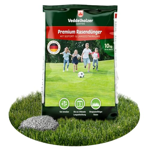 Veddelholzer Garten starker mineralischer Rasendünger mit 3 Monaten Langzeitwirkung ideal für Frühjahr und Sommer NPK 15+5+8 (+3), staubarmes Granulat, Langzeitdünger Rasen Dünger