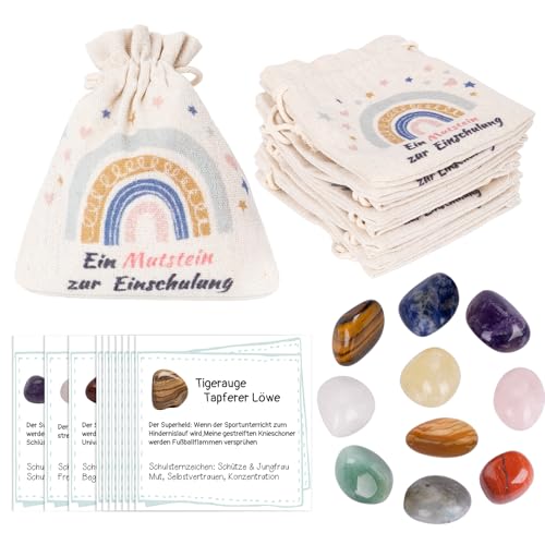 ZJKUBOIS 10 Stück Mutstein für Kinder Einschulung,Geschenke zur Einschulung Set mit Edelsteine Jutesäckchen, Magische Steine Kärtchen, Glückssteine für Mutmacher Kinder Schulanfang