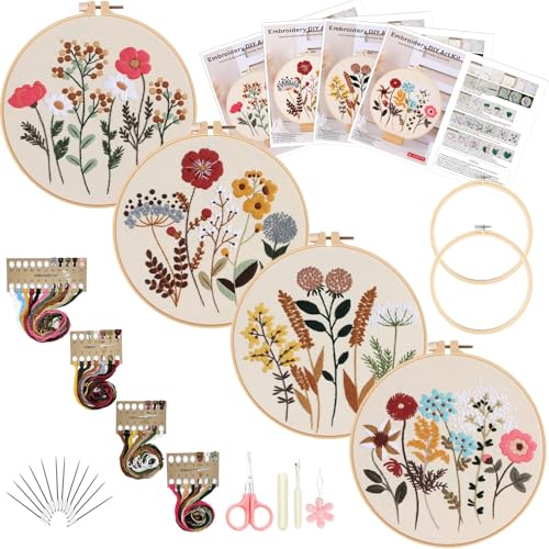 JOYVOVO 4 Stck. Stickset für Anfänger, Blumenmuster Pflanzen Stickset für Starter Embroidery Kit Stickerei Set, Sticken Kunsthandwerk, Kreuzstich Set mit Stickrahmen Farbfäden und Werkzeuge