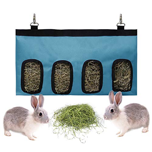 Kaninchen Heutasche Meerschweinchen Futterstation Futterspender Kleintiere Heutasche Futtersack für Hase Chinchilla Hamster Kleine Tiere (4 Fenster, Blau)