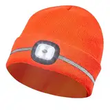 Gebol LED Haube orange | Stirnlampe auf Strickmütze | Beanie mit Reflexionsstreifen | USB-Anschluss zum Aufladen | 60 Minuten Leuchtdauer | 4 Leuchtstufen | Unisex | Orange | 1 Stück