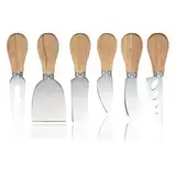 Feuerlos Käsemesserset Set, 6 Stück Käsemesser Kollektion aus Edelstahl mit Teakholzgriffen für Weichkäse, Schnittkäse, Kuchen, Dessert, Käsesalat