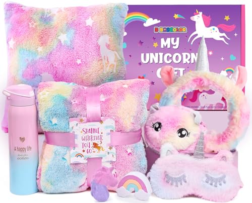 Toyssa Einhorn Geschenke für Mädchen 5 6 7 8 9 10 11 Jahren Leuchtend Einhorn Kuscheldecke Kissenbezug Edelstahl 500ml Thermosflaschen Haarband Badebomben Augenmaske Geburtstag Geschenk Mädchen