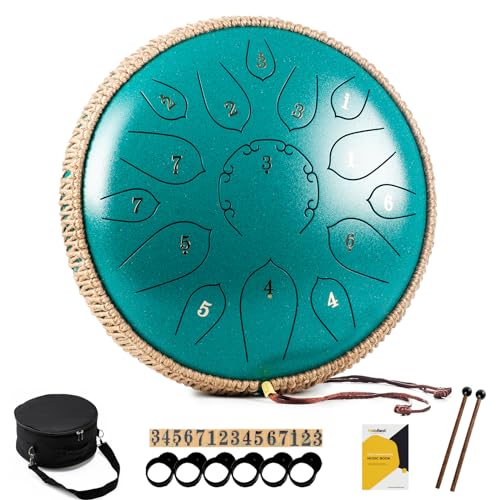 MeloBeat Zungentrommel 12 Zoll 15 Töne - Professionelles Steel Tongue Drum Handpan Set in D Dur inkl. Zungentrommel Liederbuch, Schlagzeug Sticks und Trommel Tragetasche (Grün)