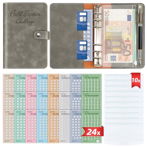 Geld Sparen Challenge Buch mit 8 Sparchallenges (24er Set) - Budget Planner Deutsch Challenges - Spar Challenge für Budgetplaner - Finanzplaner Haushaltsbuch - Cash Stuffing - Budget Binder A6 Leder