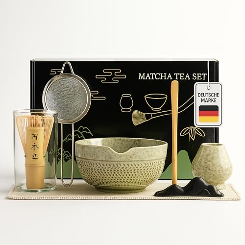 Roxlin Matcha Set Premium Matcha Tee-Set, Matcha Set Tea (7-teilig) Keramik, Bambus Matcha Schneebesen, handgemachte Schale, Sieb & Traditionelle Zubehör-Kollektion
