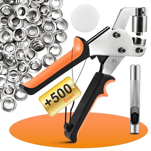 Philtool Profi Ösenzangen Set mit 500 Ösen(Ø 10mm), Ösenzange für planen & stoffe,Magnetische Ösenpresseaus Kohlenstoffstahl, Lochzangen Kit für Leder, Gürtel, Awnings, Stoffe