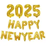 2025 Happy New Year Deko Folienballon, Happy New Year Deko Luftballon, Silvester Party Deko Ballon Zubehör, Happy New Year Dekorationen Set 2025, Für Silvester Party Deko Supplies (A-Gold)