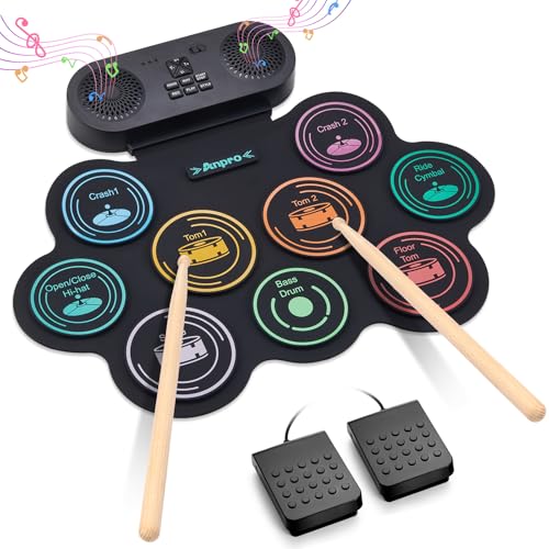 Anpro Elektronisches Schlagzeug-Set, 9 Trommelpads mit Dual-Stereo-Lautsprechern, Rollbares Drumkit mit Pedalen & Sticks, Kopfhörer/Bluetooth/MIDI Unterstützung, Geschenk für Kinder & Anfänger