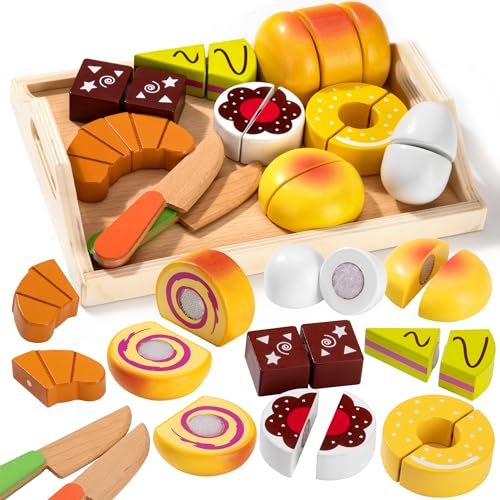 Küchenspielzeug aus Holz für Kinder, Kinderküche Zubehör Holz Dessert Bäckerei Spielzeug, Schneide Lebensmittel, Lernspielzeug Rollenspiele Geschenk für Jungen Mädchen