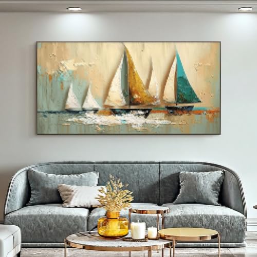 CHAOJIART Ölgemälde, abstraktes Segelboot-Ölgemälde auf Leinwand, große Wandkunst, originelles buntes Gemälde für Wohnzimmer-Wanddekoration, 70 x 140 cm, rahmenlos