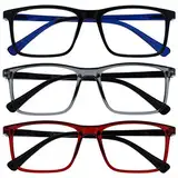 OPULIZE Ink Lessebrille 3er Pack Groß Rechteckig Rahmen Federscharniere Kratzfest Schwarze Grau Rot Herren Damen RRR4-17Z +3.50