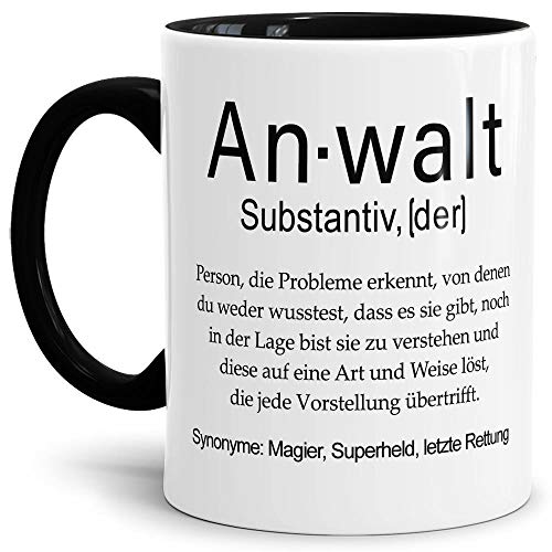 Tassendruck Tasse mit Definition Anwalt - Wörterbuch/Geschenk-Idee/Dictionary/Beruf/Job/Arbeit/Familie/Innen & Henkel Schwarz