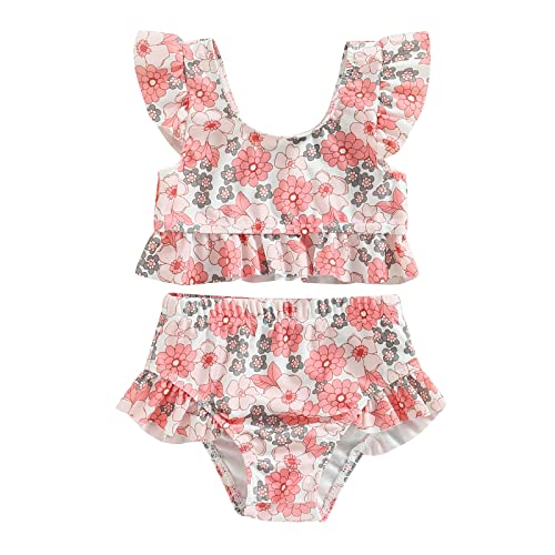 Baby-Badeanzug für Mädchen, Bikini-Set, bedruckt, Sonne, Crop-Top mit Trägern und Rüschenhöschen, 2-teiliges Set, Sommerkostüm zum Schwimmen, Strand, Pool, Urlaub, Floral, 68