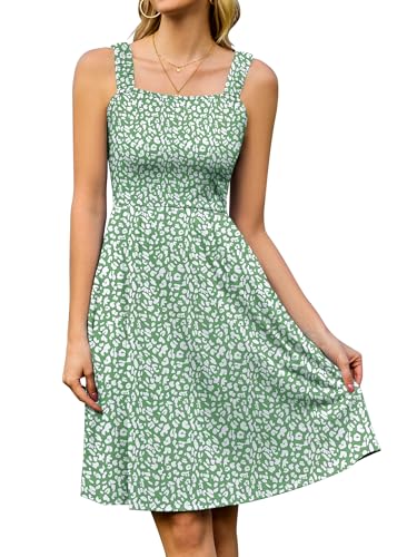 StylSense Sommerkleid Damen Knielang Ärmelloses Blumenkleid mit Quadrat-Ausschnitt Casual Strandkleid mit Taschen für Strand Urlaub (Grün,M)