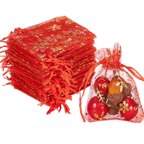 Geschenksäckchen Organza Säckchen 100 Stück Organza-säckchen geschenksäckchen Weihnachten Rot 7x9cm Kleine Geschenk Organzabeutel Schneeflocke Organza Beutelchen mit Kordelzug für Weihnachten