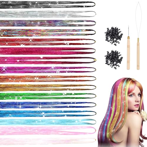 LUFFLOK 16 Farben Haar Lametta Kit, 120 cm Hair Tinsel mit Werkzeugen, 3000 Strähnen Glitzer Haarsträhnen für Frauen, Mädchen & Kinder Haarschmuck, Lametta für Die Haare für Party (16 Farben)
