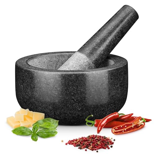 H&S Mörser mit Stößel Set für Gewürze - 16cm Großer Mörser & Stößel aus Granit - Gewürze & Kräuter Mörser mit Stößel XXL - Mortar and Pestle Granite - Küchenmörser mit Stößel - Mortier - Pesto Mortar