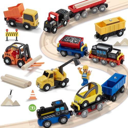 12 Fahrzeuge Batteriebetriebenes Eisenbahnwaggon-Set-Zubehör, Magnetisches Mini-Bauset für Hölzerne Eisenbahnschienen, Großes Autospielzeug für Kleinkinder im Alter Von 3 Bis 5 Jahren, Zug Spielzeug