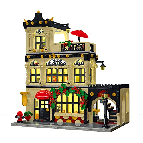 NEWRICE Stadt Restaurant Architektur Baukasten mit Lichtern,3 Ebenen Stadt Restaurant Modell Bauklötze Spielzeug,für 12+Alter Teenager,Erwachsene（1489 Stück）