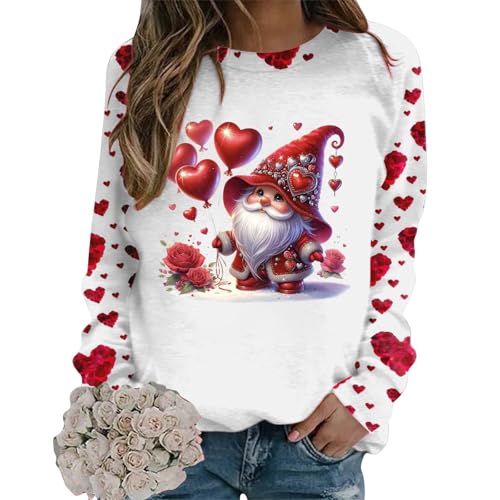 Generisch Sweatshirt Damen Valentinstag Pullover GNOME Heart Drucken Blusentop Langarm Rundhals Sweatshirts Für Frauen Langarmshirt Lässiges Sport Tunika Frühling Fallen Winter Outerwear